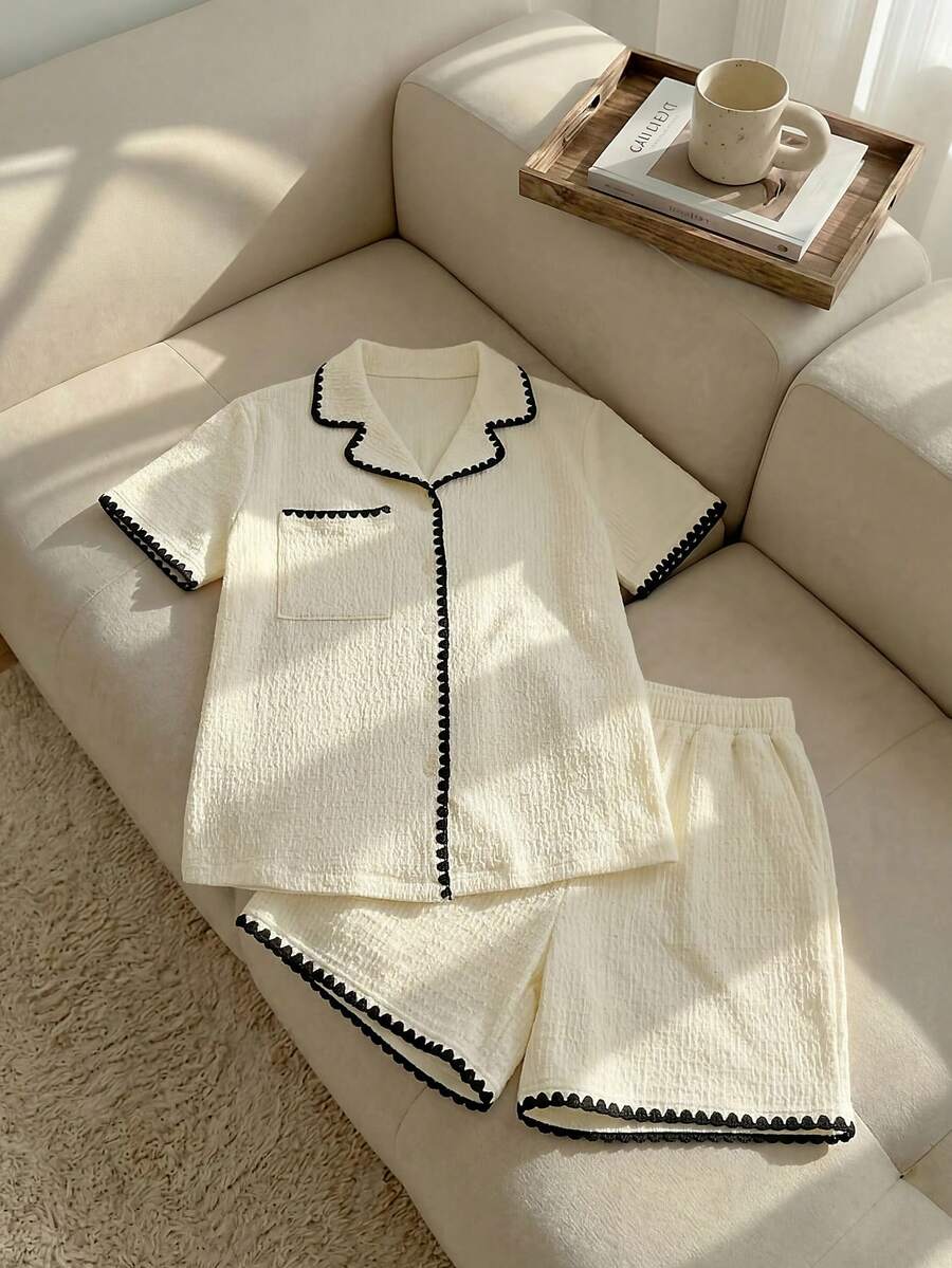 Resyla Contrast Binding Button Front Top & Pants Lounge Set Outfit - Beige - View 1