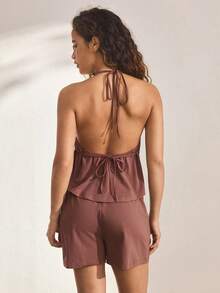 Ocili Bộ đồ ngủ nữ phong cách Bohemian áo dây bèo nhún và quần dài, đồ mặc nhà thoải mái - Màu Đỏ Sâu - Xem 3