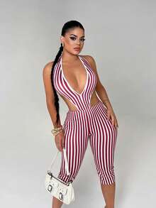 SHEIN SXY 女士条纹深V领露背紧身七分连体裤 - 紅白色 - 查看 6