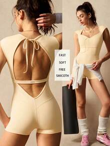 VARSIVA Women's Minimalist Solid Color Keyhole Neck Backless Twist Bodycon Sports Romper - Yellow - View 2