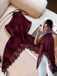 SHEIN Elenzya 女士纯色撞色蕾丝优雅吊带上衣 - 酒紅色 - 查看 1