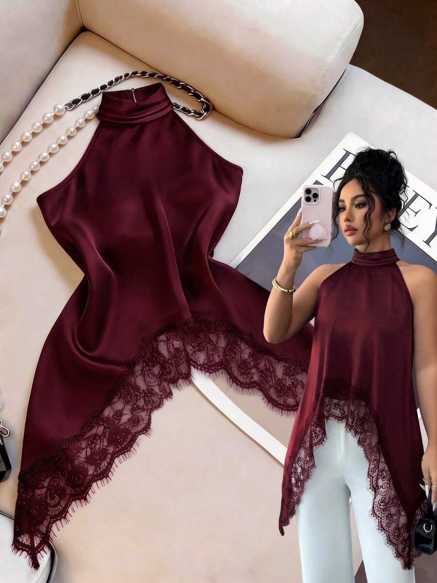 SHEIN Elenzya 女士纯色撞色蕾丝优雅吊带上衣 - 酒紅色 - 查看 1