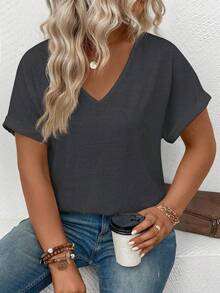 EMERY ROSE Women's Casual V-Neck Turnover Cuff Short Sleeve All-Match Versatile Plus Size T-Shirt, Spring/Summer - Dark Grey - View 4