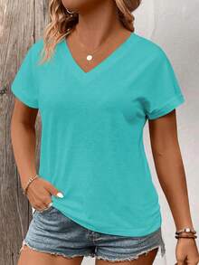 EMERY ROSE Plus Size V-Neck Short Sleeve Patchwork Cuff Casual Versatile Women T-Shirt, Spring/Summer - Blue - View 3