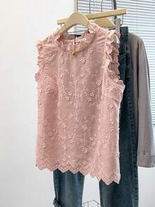 GlowEve CURVE Plus Size Women Comfortable Fitted Embroidered Ruffle Hem Blouse, Casual/Work Wear, Suitable For Daily Outing, Commuting, Dating, Spring & Summer - Pink - View 3