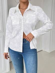 EMERY ROSE Casual Collared Pocket Fitted White Long Sleeve Women Blouse Women Shirt - White - View 4