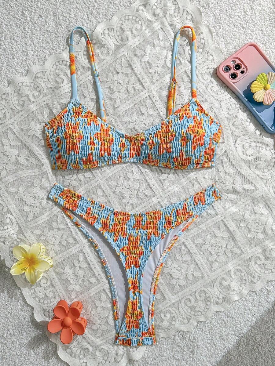 Swim Mod Springbreak 女款兩件式泳裝，隨機碎花圖案，掛脖式肩帶，性感時尚海灘比基尼套裝 - 彩色 - 查看 1