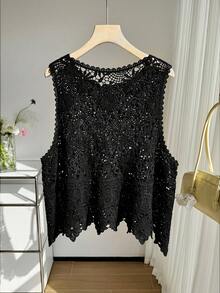 SHEIN EZwear 大码女式黑色镂空针织背心，春夏款 - 黑色 - 查看 2