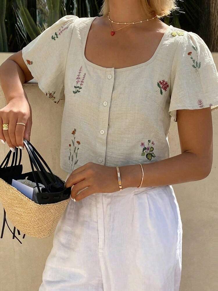 Women's Floral Embroidery Patchwork Hem Tie-Front Casual Vacation Summer Blouse