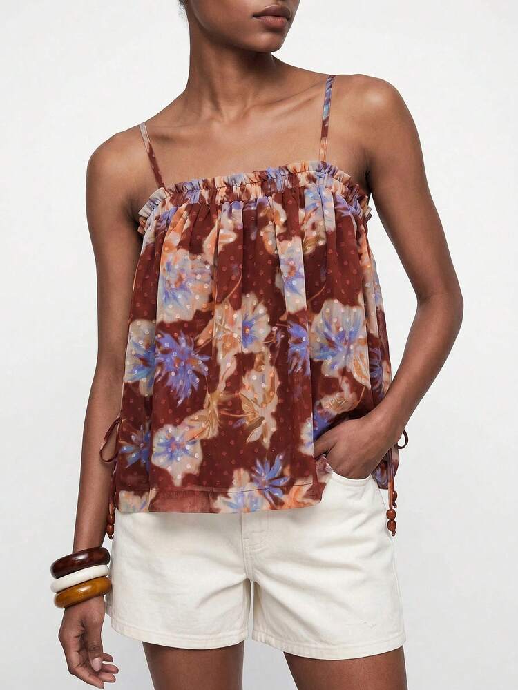 SHEIN Maija Women's Summer Boho Brown Floral Chiffon Pleated Babydoll Cami Top,Elegant Casual Vacation Holiday Outfits,Beach Festival Party Country Style Blouse