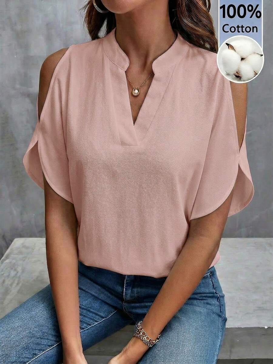 SHEIN Clasi Women's Regular V-Neck White 100% Cotton Short Sleeve Blouse, Versatile For Spring And Summer - Pink - View 1