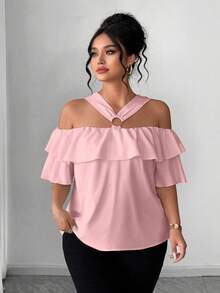 Elenzga Elegant Off-Shoulder Metal Decor Ruffle Trim Off-Shoulder Plus Size Blouse - Pink - View 1
