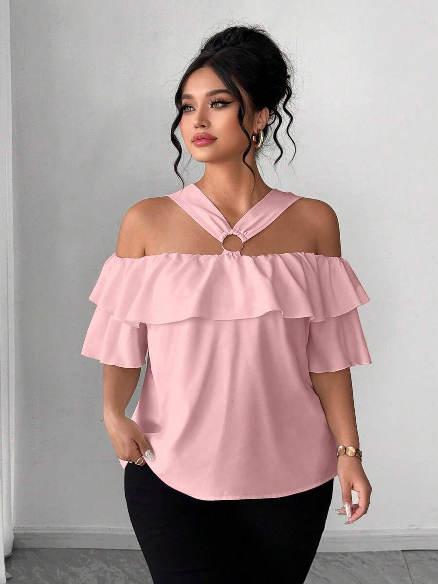Elenzga Elegant Off-Shoulder Metal Decor Ruffle Trim Off-Shoulder Plus Size Blouse - Pink - View 1