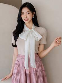 DAZY 春夏蝴蝶结针织短袖T恤，独特青春女式上衣 - 杏色 - 查看 1