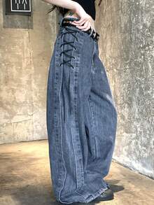 DAZY Celana Jeans Wanita Model Lebar dengan Desain Ikat dan Kancing, Kasual, Serbaguna untuk Pemakaian Sehari-hari - Biru - View 4