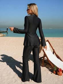 Swim Shayni 26SS 夏季海滩度假女士保守粉紫色渐变长袖喇叭裤布基尼套装 - 彩色 - 查看 2