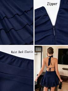 PariChic Vestido elegante y romántico de mujer con cuello halter, cintura ajustada, volantes plisados en color albaricoque y blanco, vestido corto, nuevo vestido de primavera/verano, vestido para cita de San Valentín, vestido casual de vacaciones, vestido romántico de gasa transparente, vestido corto con volantes multicapa sin mangas de primavera/verano - Azul marino - Ver 3