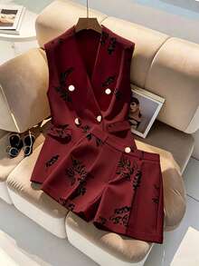 SHEIN Clasi 时尚优雅V领无袖收腰数码印花两件套，大码，春夏款 - 酒紅色 - 查看 3