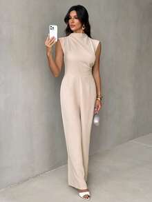 SHEIN Tall Mono elegante y minimalista de mujer, de estilo urbano y chic, con cuello alto pequeño, mangas cortas, cintura alta y piernas anchas, en color albaricoque - Marrón - Ver 3