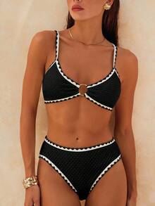 SHEIN Women's Black Summer Cute Beach Holiday Textured Bikini,Halter Round Ring Design Top&Bottom 2 Pieces Swimsuit,Solid Color Edged Resort Vacation Set - Black - View 1