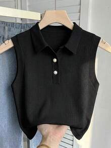 SHEIN 少女黑色罗纹针织 Polo 领无袖休闲简约优雅修身背心 - 黑色 - 查看 1