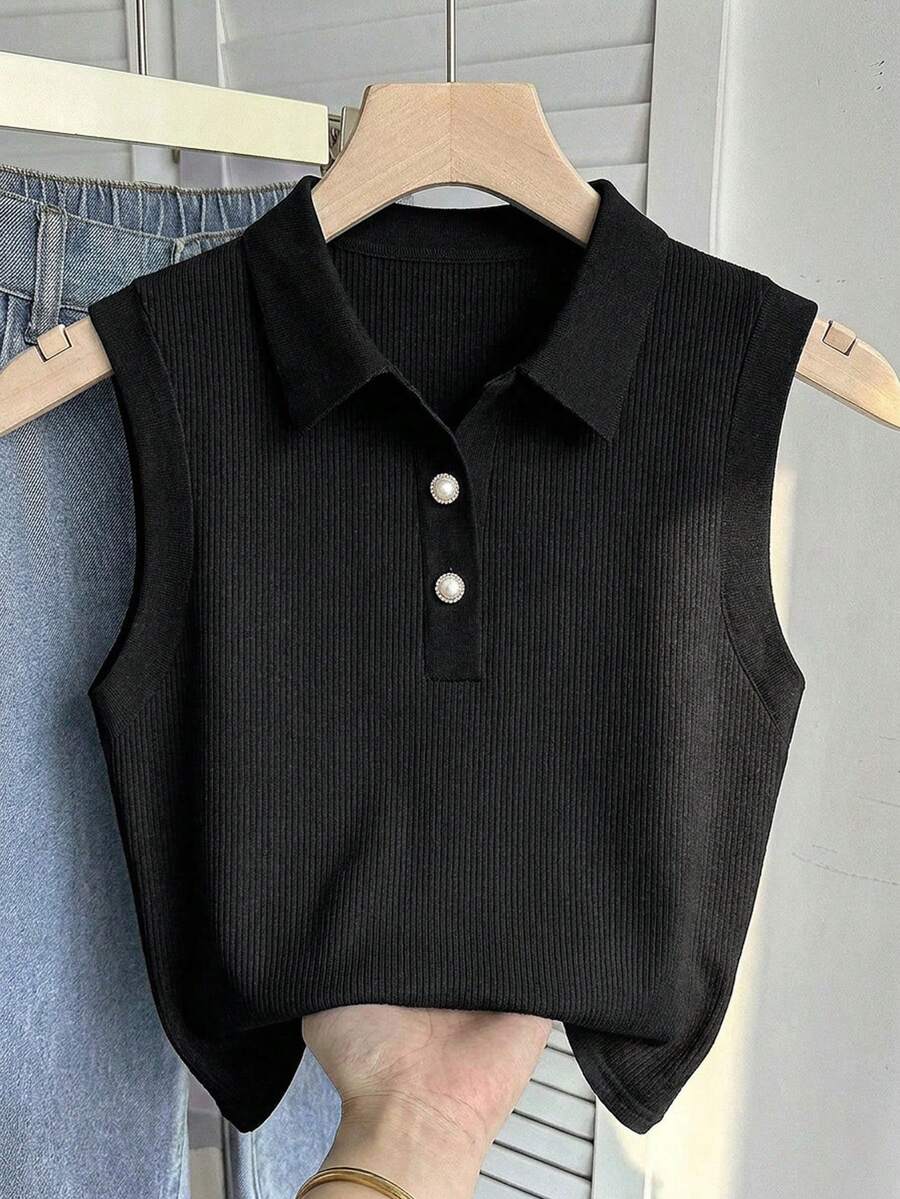 SHEIN 少女黑色罗纹针织 Polo 领无袖休闲简约优雅修身背心 - 黑色 - 查看 1
