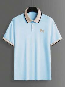 Calvornis Men's Jacquard Collar Embroidered Short Sleeve Casual Polo Shirt, Formal - Baby Blue - View 6