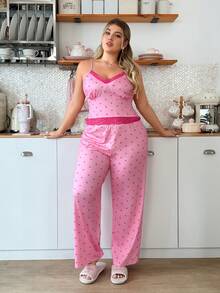 Slumberry CURVE Conjunto de pijama cómodo y ajustado de talla grande con estampado de corazón a contraste y encaje a contraste - Rosa - Ver 6