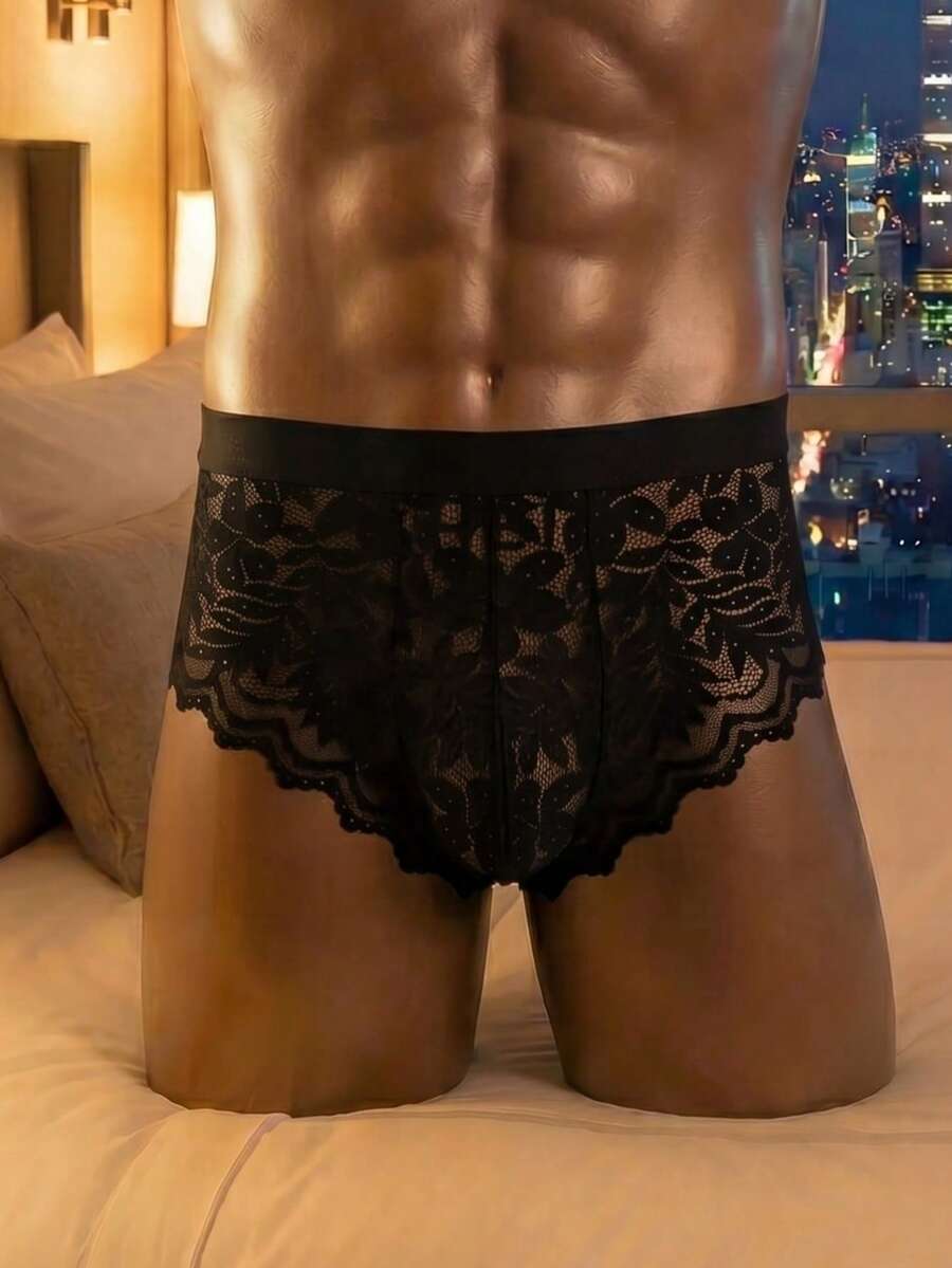 SHEIN 男士性感蕾丝拼接半透明三角裤 - 黑色 - 查看 1