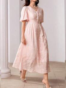 Modelyn V-Neck Petal Sleeve Jacquard Front Button Closure Pink Floral Floral Dress, Spring/Summer Tea Party Cute Elegant - Pink - View 4