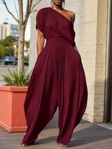 INAWLY Solva Plus Size Summer Solid Color Loose Asymmetrical Shoulder Harem Jumpsuit - Burgundy - View 1
