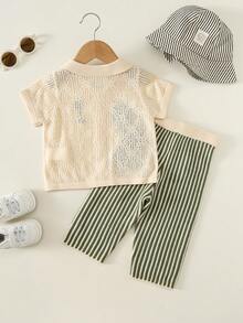 SHEIN Bộ đồ đôi 2 món cho bé trai/bé gái, kiểu dáng thường ngày dễ thương, áo khoác cardigan ngắn tay và quần dài, bộ quần áo mùa hè cho bé trai. - màu xanh lá - Xem 2