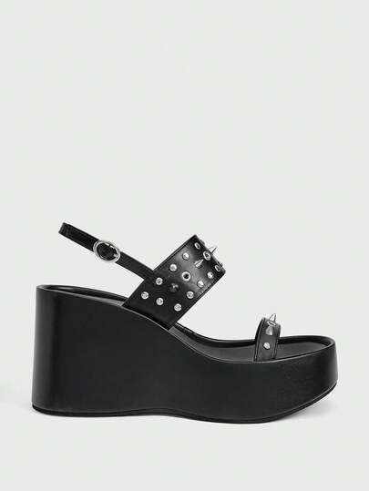 Sugerpunk Giày nữ Women Shose, dép xăng đan đế xuồng thời trang nữ, dép xăng đan đế xuồng hở mũi kiểu punk mùa xuân hè, có khóa cài giữa, đinh tán, dễ dàng mang đi hộp đêm hoặc đi làm.