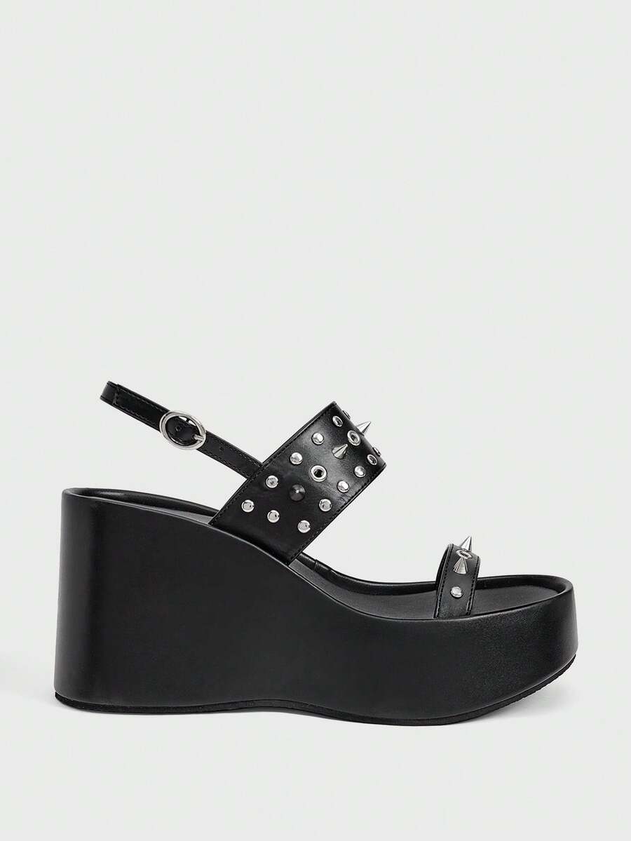 Sugerpunk Women Shose Women's Fashion Platform Wedge Sandals, Spring And Autumn Summer Punk Style Buckle Middle Help Rivet Open-Toed Platform Wedge Sandals, Nightclub Commuting Is Easy To Travel - Black - View 1