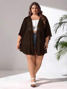 SHEIN CURVE+ 大码基础款纯色薄纱和服泳衣 - 棕色 - 查看 5