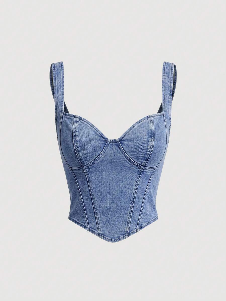 SHEIN MOD 女款休閒日常通勤極簡百搭拉鍊牛仔吊帶背心，夏季 - 淺色水洗藍 - 查看 1