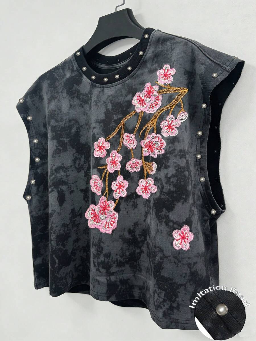Manfinity EMRG Unisex Casual Cherry Blossom Print Faux Pearl Decorated Tank Top, Suitable For Music Festivals, Holiday
