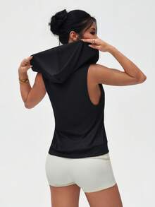 SHEIN Dewbera Áo nỉ nữ dáng rộng không tay, cổ chữ U, có mũ, thích hợp cho hoạt động thể thao ngoài trời, chạy bộ, tập yoga. - màu đen - Xem 2