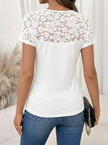 Editum Women's Solid Color Contrast Lace Round Neck Short Sleeve T-Shirt,Summer Top - White - View 2