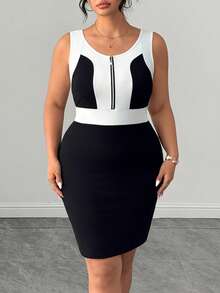 SHEIN Clasi Plus Size Colorblock Round Neck Sleeveless Fitted Zipper Fashion Dress - Black and White - View 3