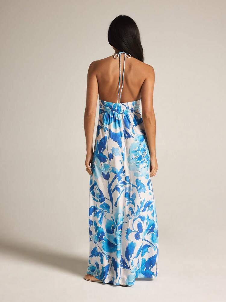 KSTM Women's Blue Floral Print Halter Maxi Dress Summer Beach Vacation Strapless Long Dress Party Evening Wedding Guest Flowing Boho Sundress