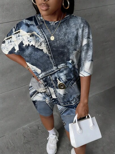 Slaydiva Bộ đồ nữ cỡ lớn gồm áo thun ngắn tay và quần short in họa tiết giả denim, kiểu dáng thường ngày.