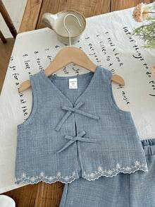 LMoss Kids 2pcs Young Girl Woven Solid Color Casual Vest And Shorts Set - Baby Blue - View 3