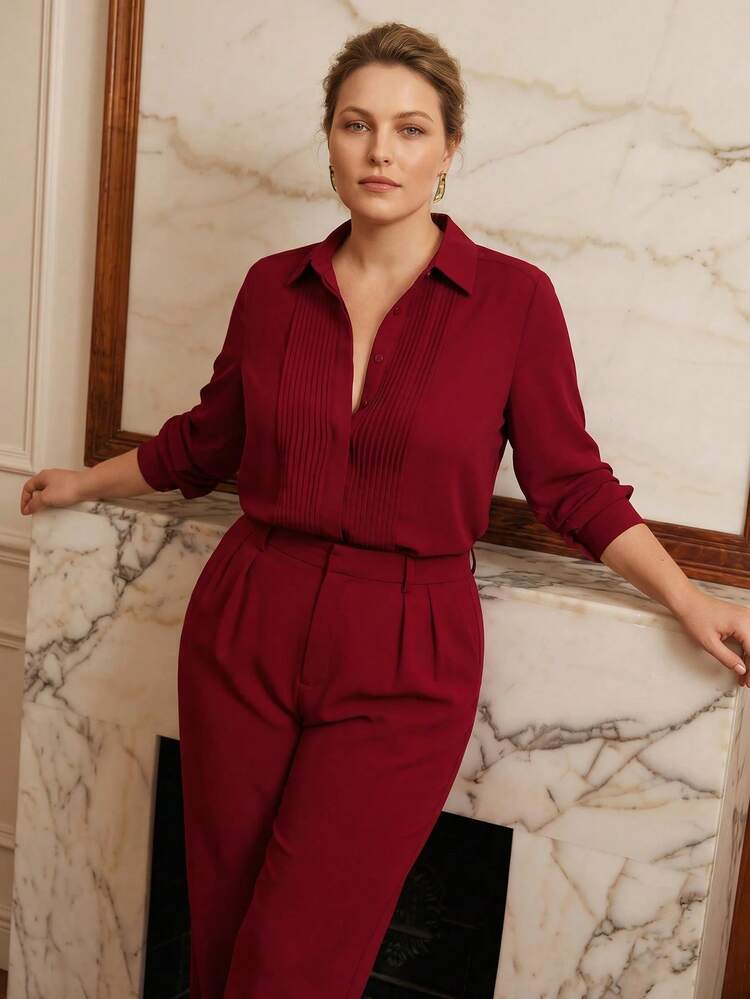 PLUS SIZE WOMEN'S COMMUTER FOLD PLEATED BUTTON FRONT SHIRT