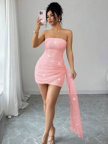 SHEIN LUNE 女款優雅性感派對抹胸短款亮片網紗布料不對稱荷葉邊下擺雞尾酒洋裝 - 粉色 - 查看 5