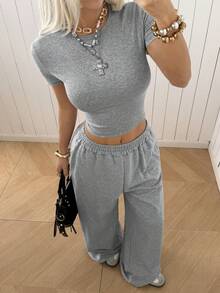 SHEIN EZwear 夏季灰色紧身短袖T恤和宽松运动裤两件套休闲套装 - 灰色 - 查看 7