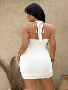 Rustia Plus Size Fitted Knit Dress, Halter Neck Decor Fitted Sexy Vacation Dress, Spring/Summer - White - View 2