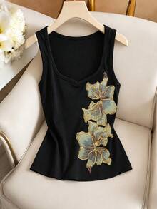 GlowEve Áo tank top nữ kiểu Pháp cổ điển thêu hoa đính sequin - màu đen - Xem 9