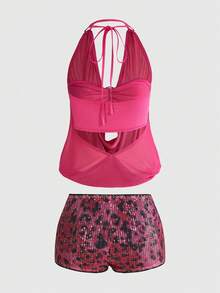 ROMWE Hippie Top Decote V Profundo Vintage Retrô Sexy para Festa de Natal com Decote Profundo e Costas Abertas, Emparelhada com Shorts de Estampa de Leopardo (Inclui Sutiã Bandeau) - Pink - Visão 2