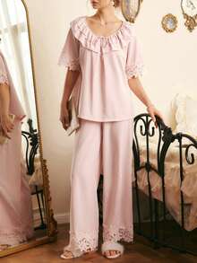 Côtesoire Southern French Elegant Peter Pan Collar Women Pajama Set - Pink - View 1